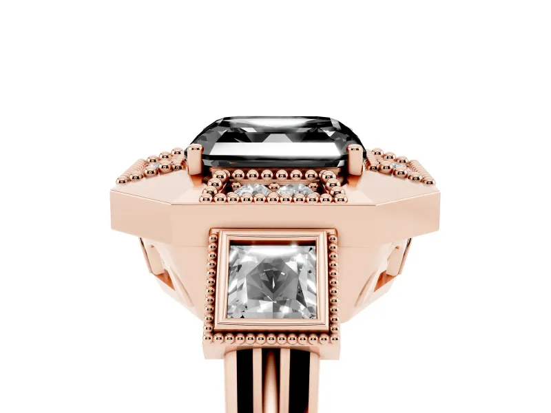 Fancy Black Asscher Cut Diamond Milgrain Halo Ring Set in Rose gold with Split Shank
