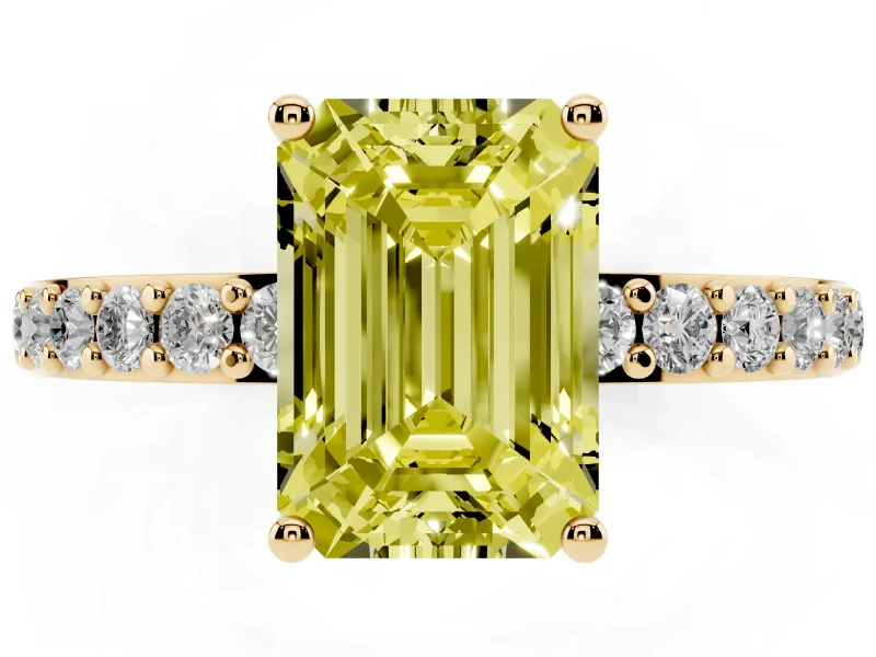 Emerald Cut Pavé Solitaire Engagement Ring Setting for a Fancy Yellow Lab-Grown Diamond | Single Row Band | Yellow Gold