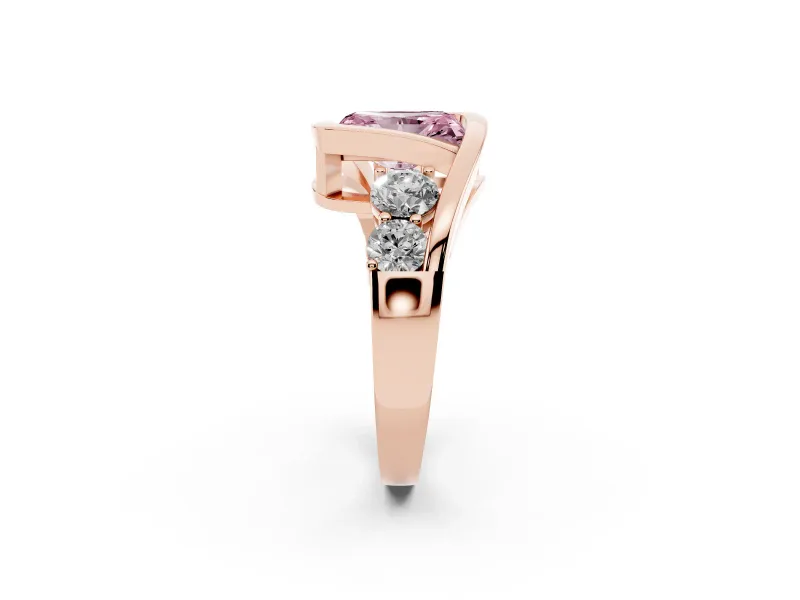Fancy Pink Radiant Cut Diamond Bezel Bypass Ring Set in Rose gold with Round Accents