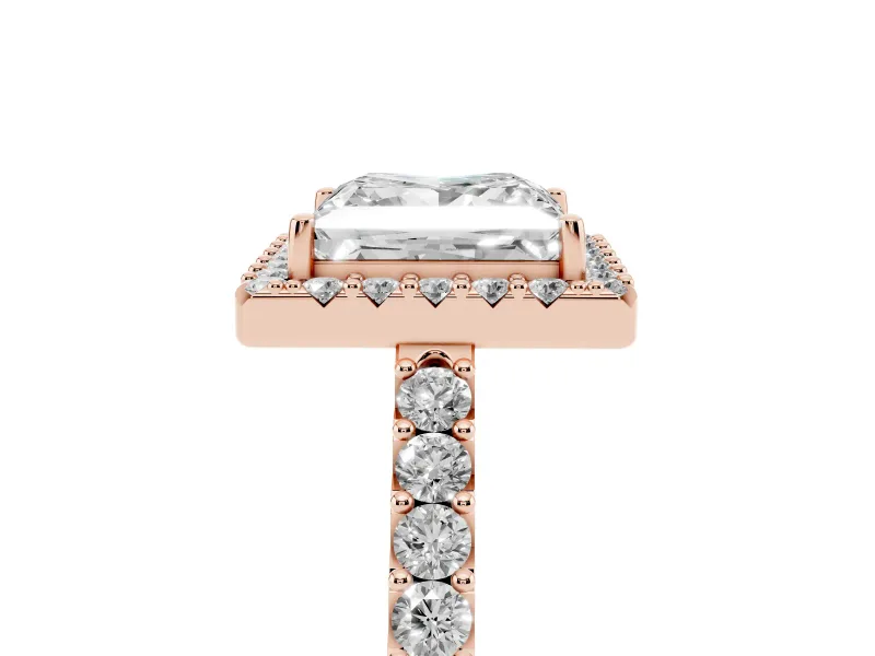 Princess Cut Diamond Halo Pavé Solitaire Ring Set in Rose gold with Prong-Set Center Stone