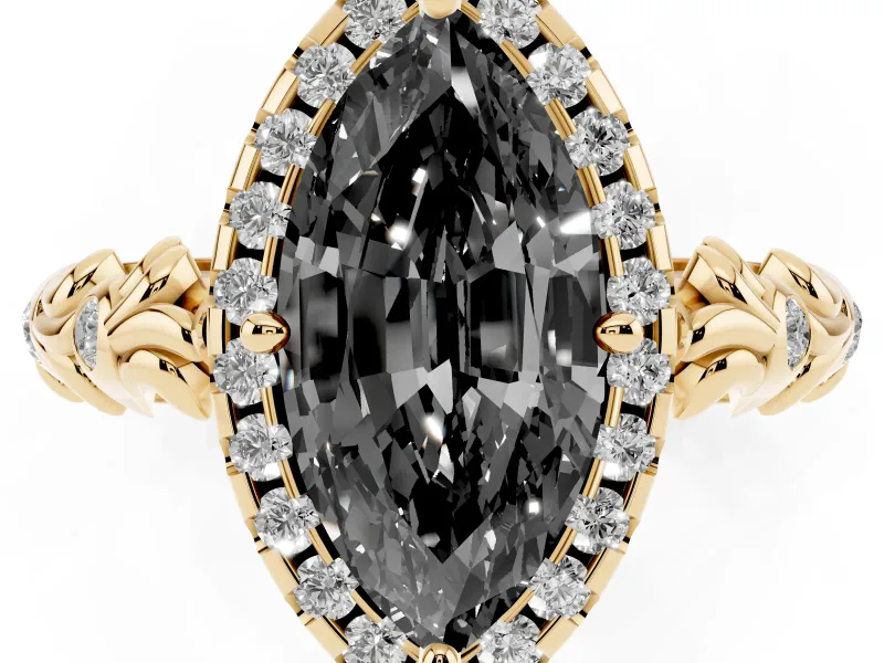 Marquise Leaf Halo Engagement Ring Setting for a Black Center | Bezel Accents | Yellow Gold