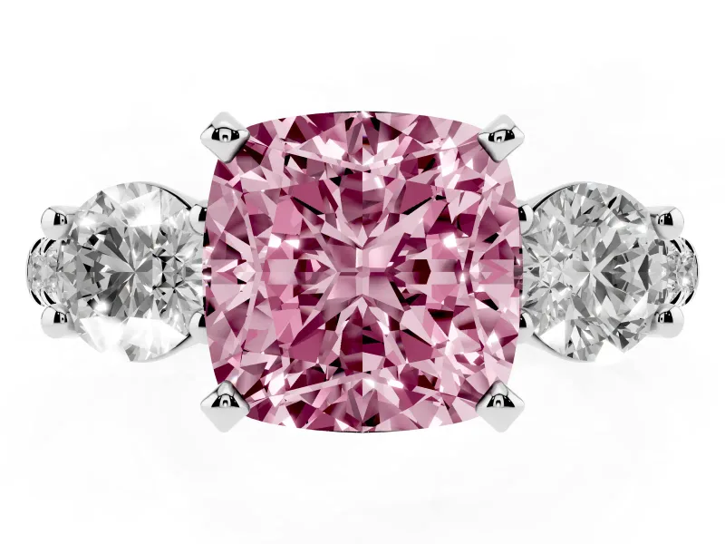 Fancy Pink Three-Stone Cushion Cut Diamond Pavé Band Ring Set in White gold with Prong-Set Trio