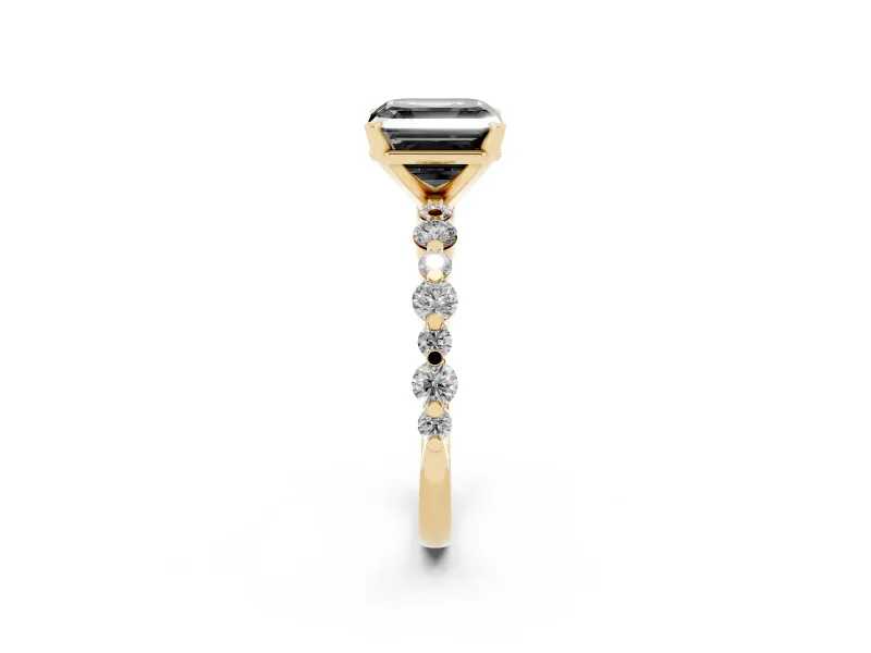 Fancy Black Asscher Cut Diamond Prong Set Engagement Ring Set in Yellow gold with Round Accent Pavé Band