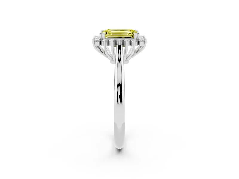 Fancy Yellow Emerald Cut Diamond Halo Ring Set in Platinum with Plain Solitaire Band and Prong Setting