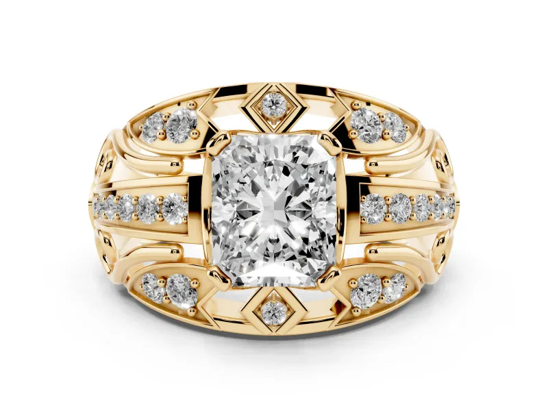 Radiant Cut Diamond Art Deco Ring Set in Yellow gold with Pavé Split Shank