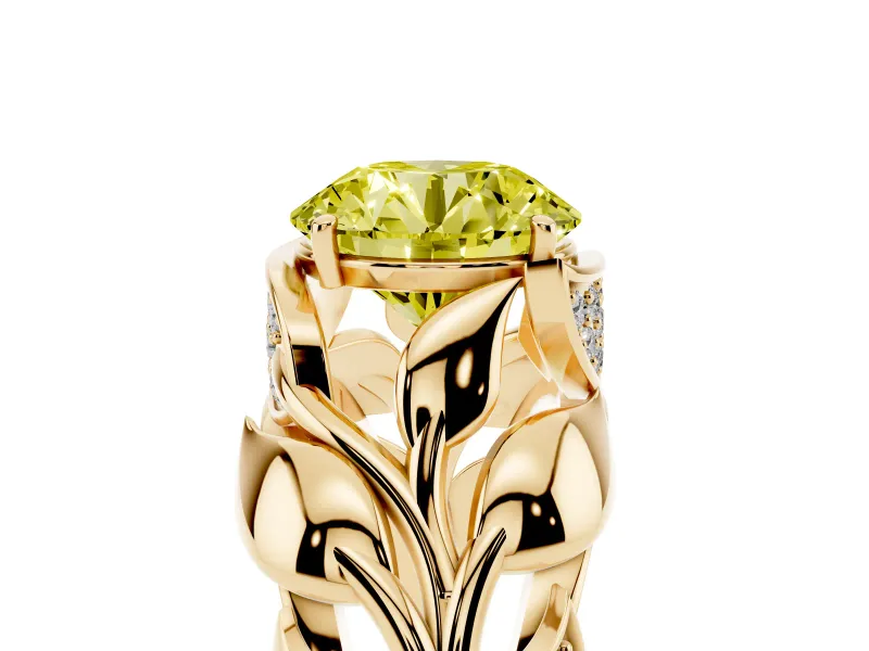 Fancy Yellow Round Cut Diamond Leaf-Inspired Engagement Ring Set in Yellow gold with Round Accents