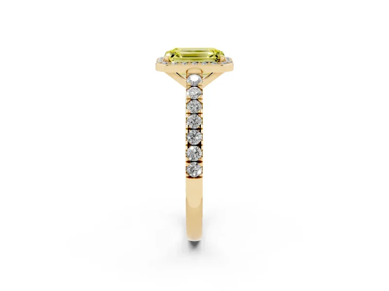 Fancy Yellow Emerald Cut Diamond Halo Engagement Ring Set in Yellow gold with Pavé Band and Prong Setting
