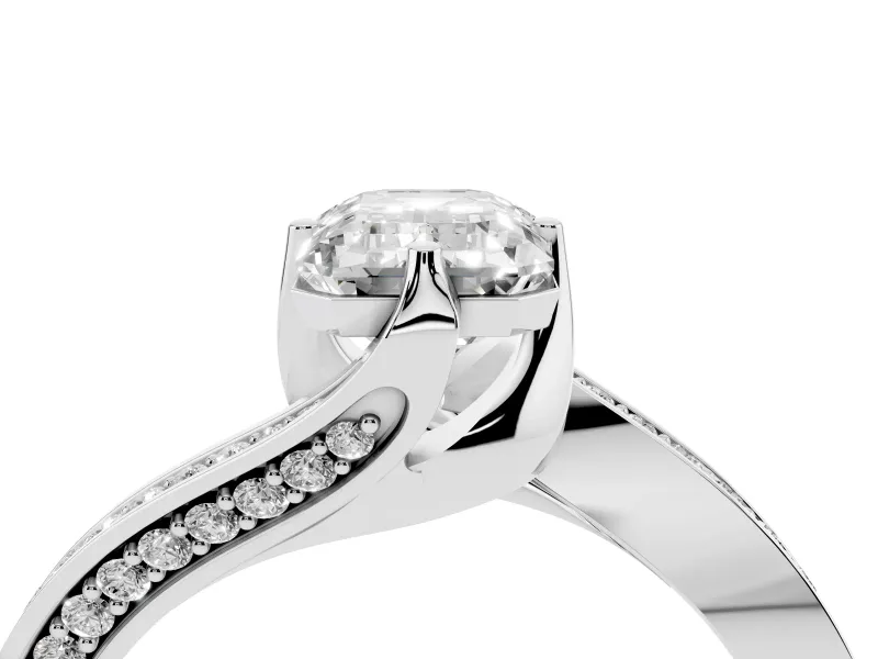 Emerald Cut Bypass Pavé Solitaire Engagement Ring Setting | Angled Head | White Gold