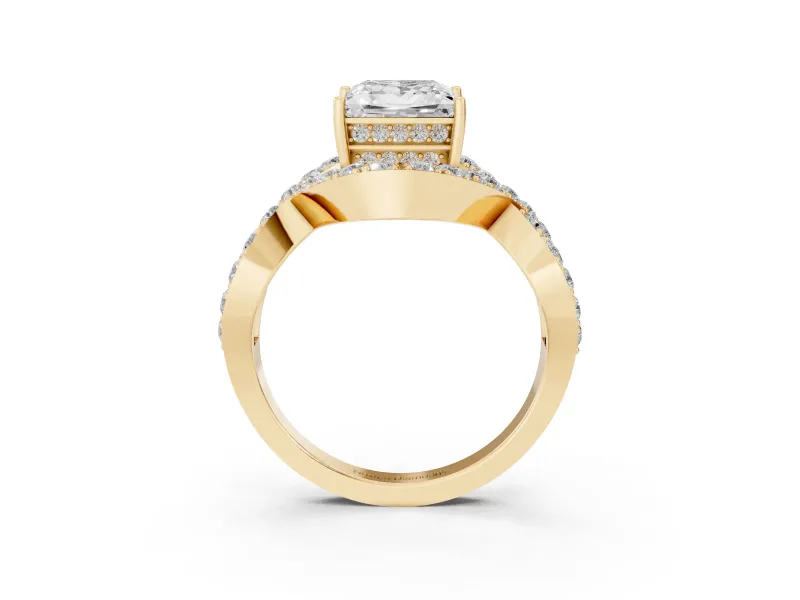 Princess Cut Diamond Solitaire Twist Band Pavé Engagement Ring Set in Yellow gold