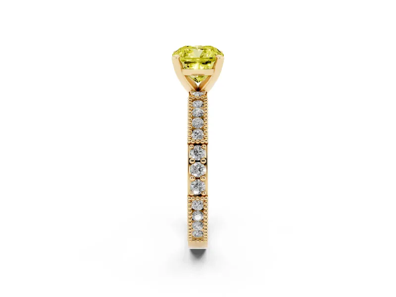 Fancy Yellow Cushion Cut Diamond Solitaire Ring Set in Yellow gold with Slim Pavé Band and Prong Setting