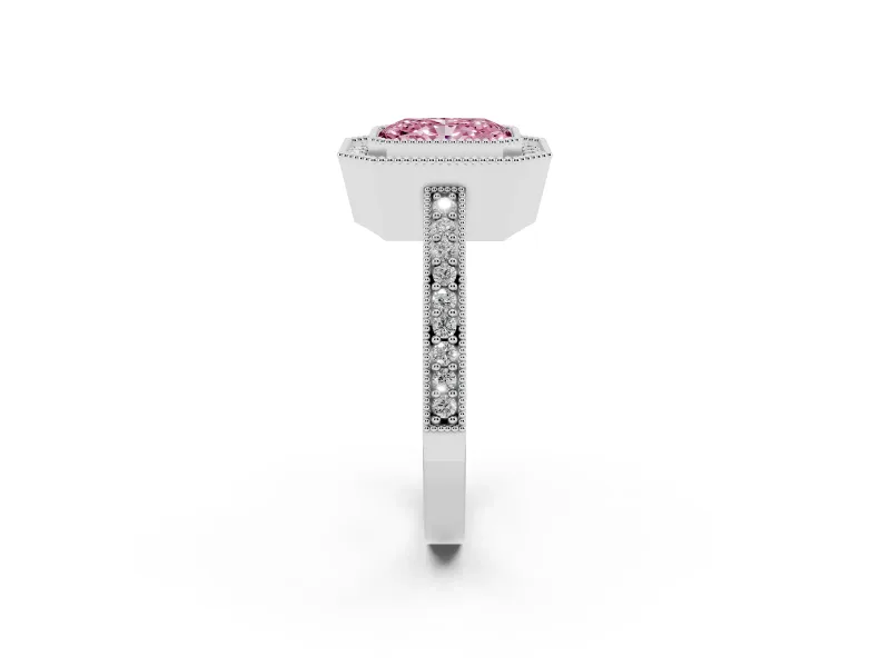 Fancy Pink Radiant Cut Diamond Halo Engagement Ring Set in White gold with Pavé Band and Round Halo Stones