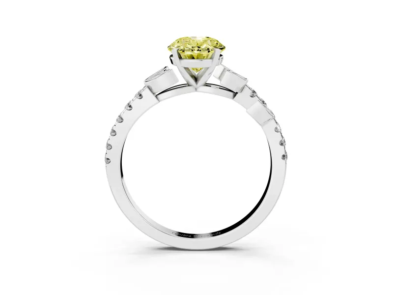 Fancy Yellow Oval Cut Diamond Solitaire Leaf-Inspired Ring Set in White gold with Pavé Band and Prong Setting