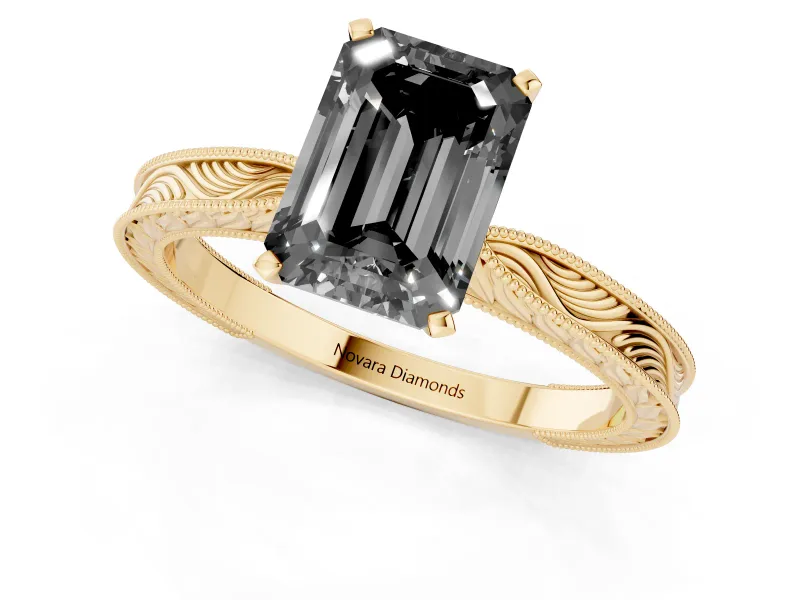 Fancy Black Emerald Cut Diamond Solitaire Milgrain Engraved Band Set in Yellow gold with Prong Setting