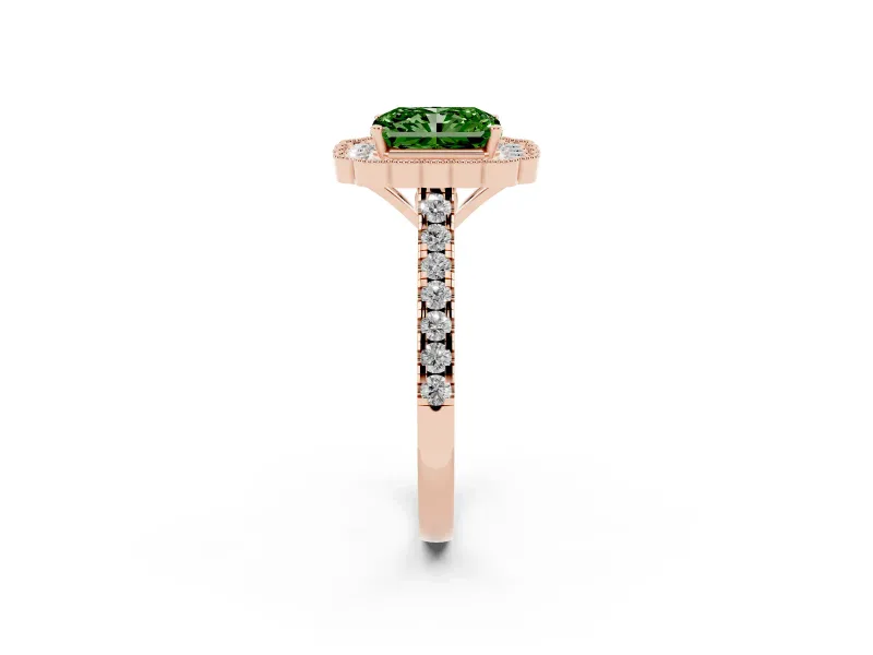 Radiant Cut Milgrain Floral Halo Engagement Ring Setting for a Fancy Green Lab-Grown Diamond | Pavé Band | Rose Gold