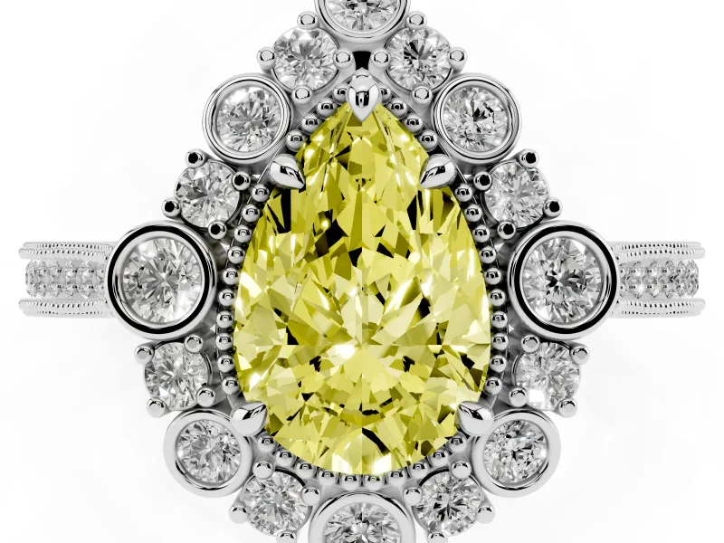 Fancy Yellow Pear Cut Diamond Halo Milgrain Pavé Ring Set in White gold with Prong Setting