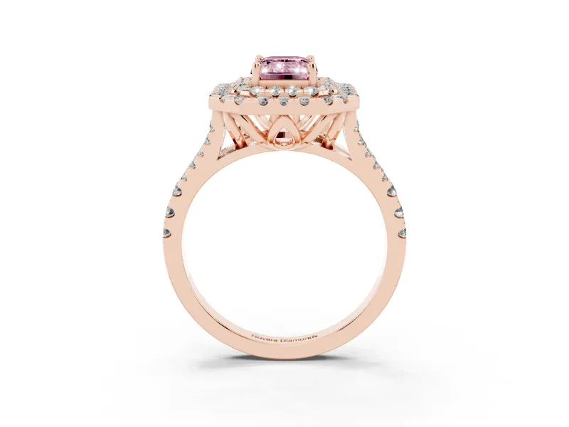 Emerald Cut Halo Split Shank Engagement Ring Setting for a Fancy Pink Lab-Grown Diamond | Pavé Strands | Rose Gold