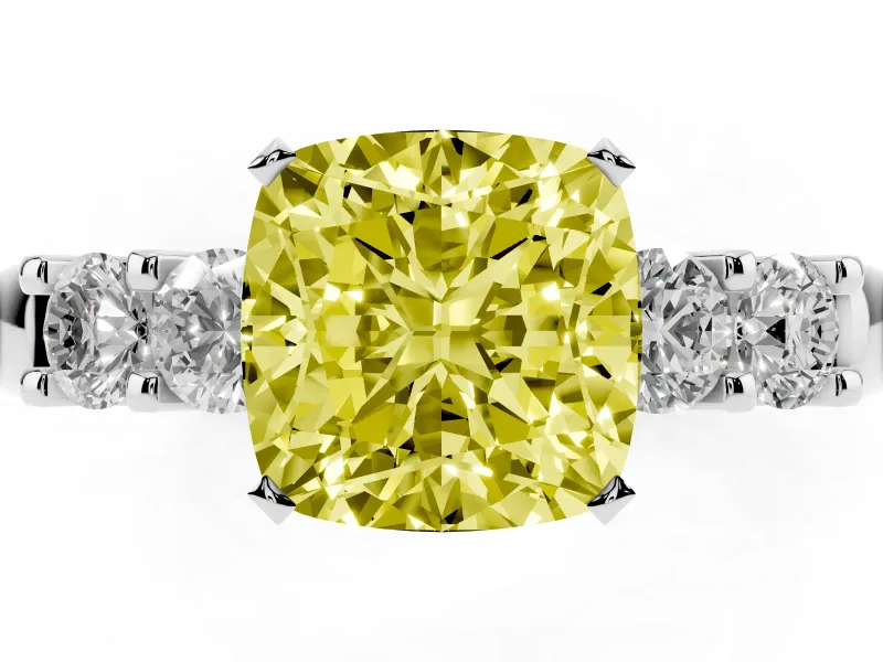 Fancy Yellow Cushion Cut Diamond Five-Stone Prong Set Engagement Ring Set in White gold with Channel Band