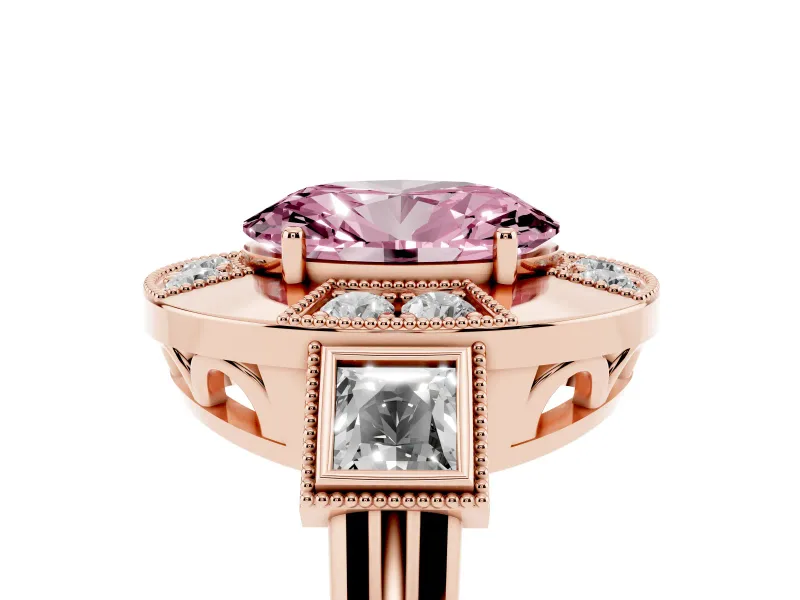 Fancy Pink Oval Cut Diamond Milgrain Halo Ring Set in Rose gold with Split Shank