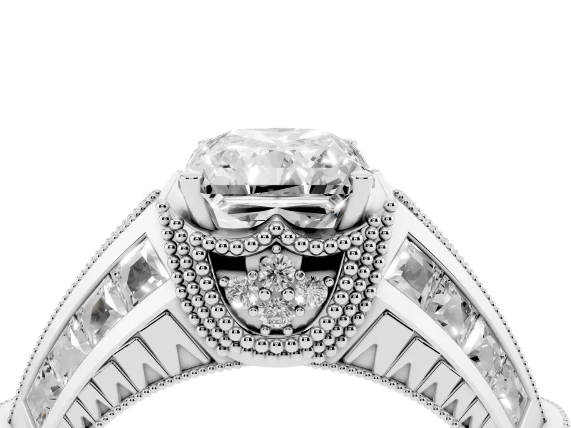 Radiant Cut Diamond Vintage-Inspired Milgrain Ring Set in White gold with Accent Split Shank