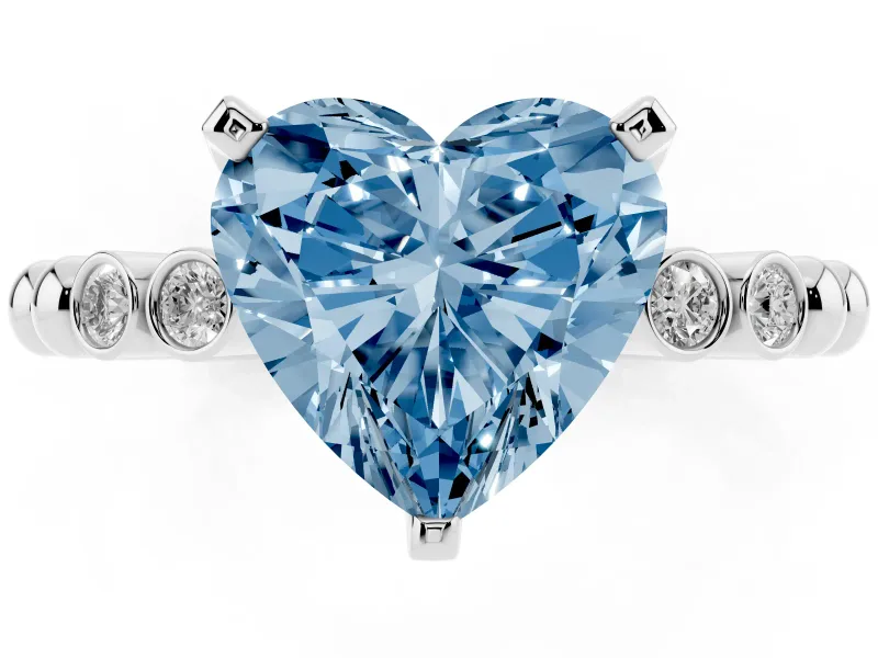 Fancy Blue Heart Cut Diamond Solitaire Engagement Ring Set in Silver with Bezel Accents on Beaded Band