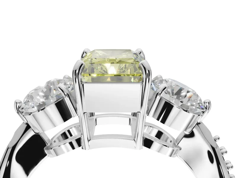 Radiant Cut Three Stone Engagement Ring Setting for a Fancy Yellow Lab-Grown Diamond | Tapered Pave Band | Platinum
