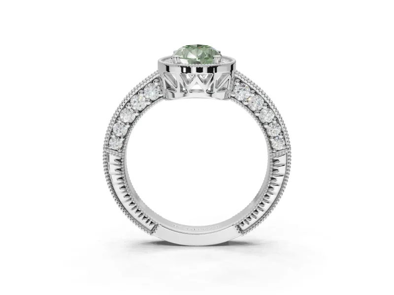 Pear-Shaped Milgrain Halo Engagement Ring Setting for a Fancy Green Lab-Grown Diamond | Wide Pavé Band | White Gold