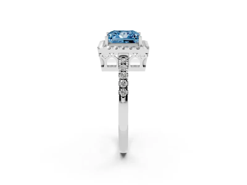 Fancy Blue Princess Cut Diamond Pavé Band Halo Engagement Ring Set in Silver with Prong Setting