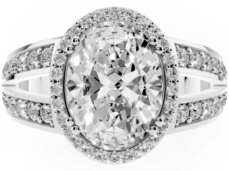 Oval Cut Diamond Halo Ring Set in Platinum with Double Pavé Split Shank