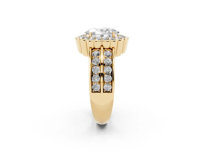 Oval Cut Diamond Scalloped Halo Ring Set in Yellow gold with Pavé Split Shank