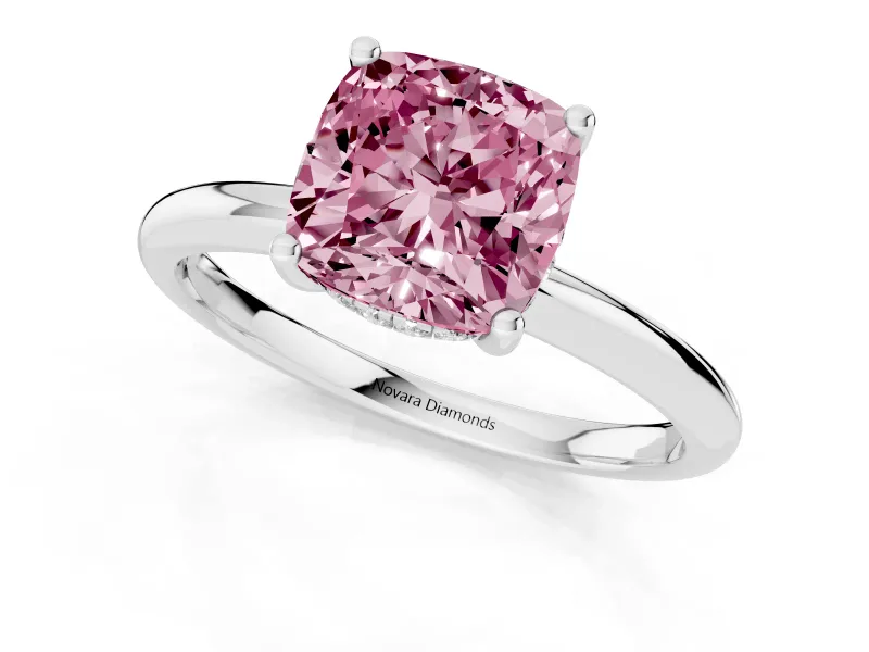 Fancy Pink Cushion Cut Diamond Solitaire Engagement Ring Set in Silver with Prong Setting and Polished Band
