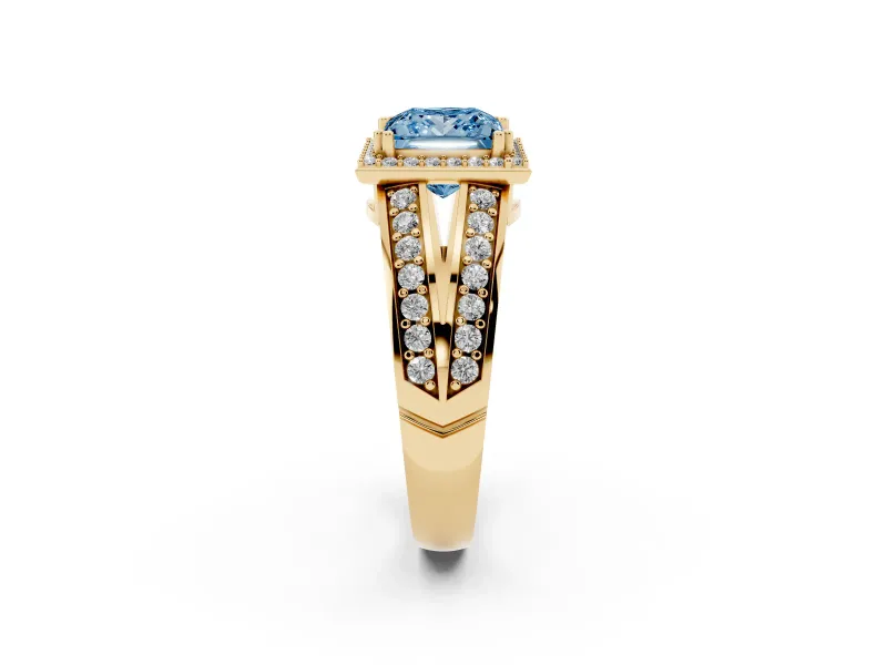 Princess Cut Halo Engagement Ring Setting for a Fancy Blue Lab-Grown Diamond | Two-Row Pave Split Shank | Yellow Gold
