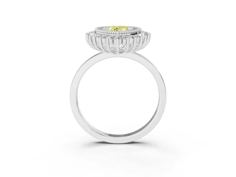Fancy Yellow Pear Cut Diamond Halo Ring Set in White gold with Milgrain Edge and Round Prong Setting