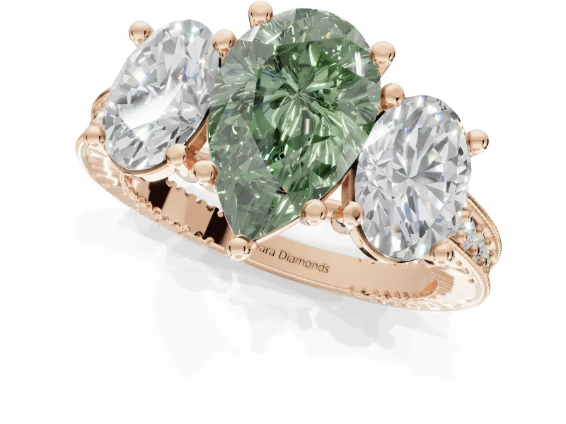 Pear-Shaped Vintage Three Stone Engagement Ring Setting for a Fancy Green Lab-Grown Diamond | Graduated Pavé | Rose Gold