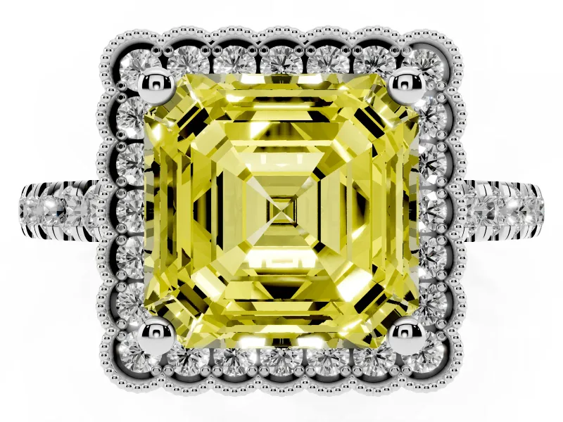 Fancy Yellow Asscher Cut Diamond Milgrain Floral Halo Engagement Ring Set in Platinum with Pavé Band