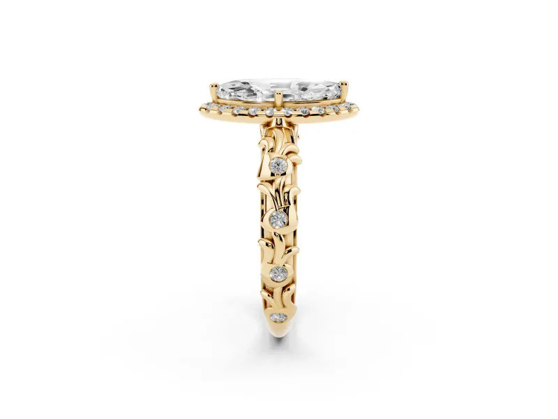 Marquise Filigree Leaf Halo Engagement Ring Setting | Bezel Leaf Accents | Yellow Gold