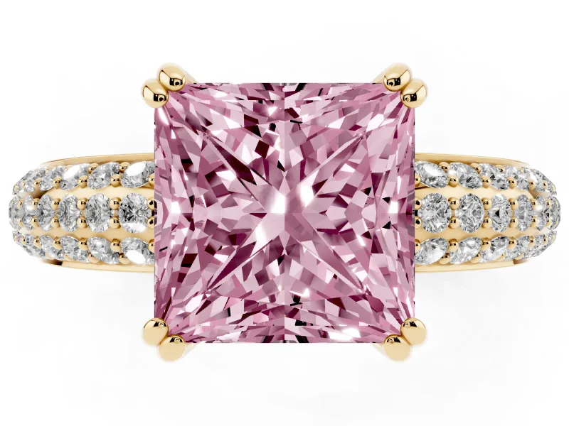 Princess Cut Three Row Pave Engagement Ring Setting for a Fancy Pink Lab-Grown Diamond | Yellow Gold