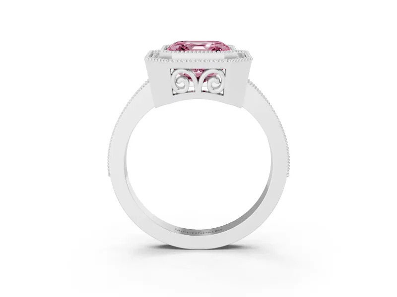 Fancy Pink Asscher Cut Diamond Halo Ring Set in White gold with Pavé Band and Milgrain-Edged Prongs