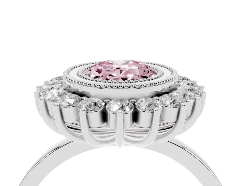 Fancy Pink Oval Cut Diamond Halo Ring Set in Platinum with Milgrain Edge and Round Prong Setting