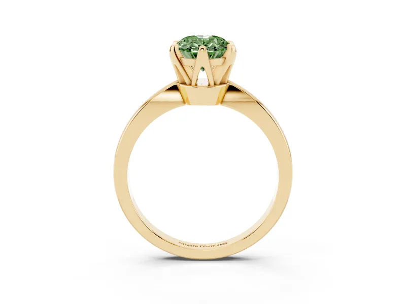 Fancy Green Oval Cut Diamond Solitaire Engagement Ring Set in Yellow gold with Slim Tapered Solitaire Band