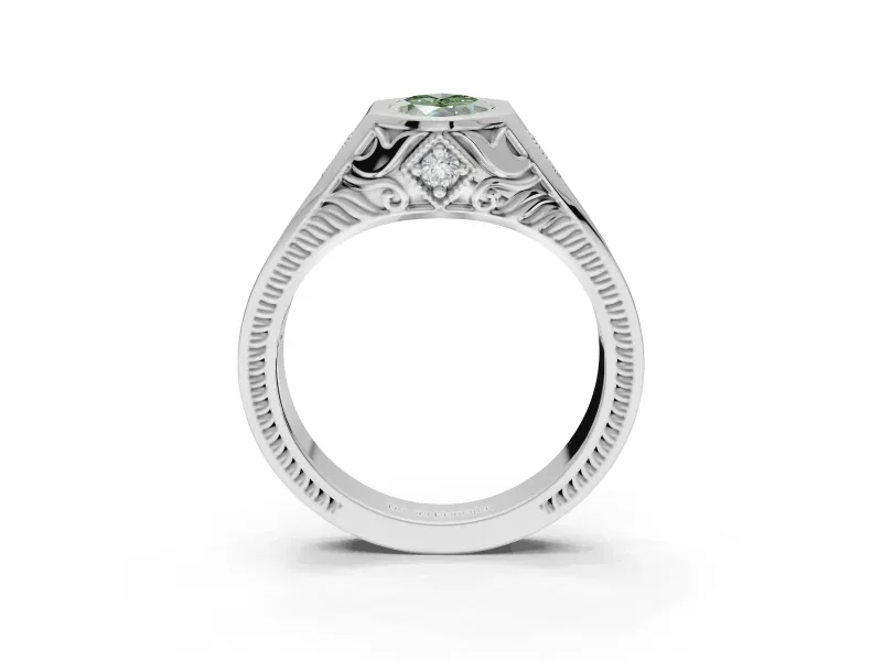 Marquise Vintage Bezel Engagement Ring Setting for a Fancy Green Lab-Grown Diamond | Engraved Band | White Gold
