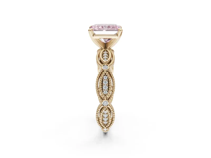 Radiant Cut Vintage Engagement Ring Setting for a Fancy Pink Lab-Grown Diamond | Graduated Stations | Yellow Gold
