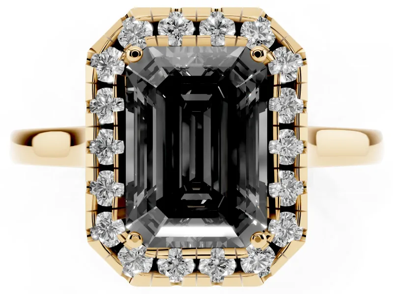 Fancy Black Emerald Cut Halo Round Diamond Solitaire Ring Set in Yellow gold with Pavé Band and Prong Setting