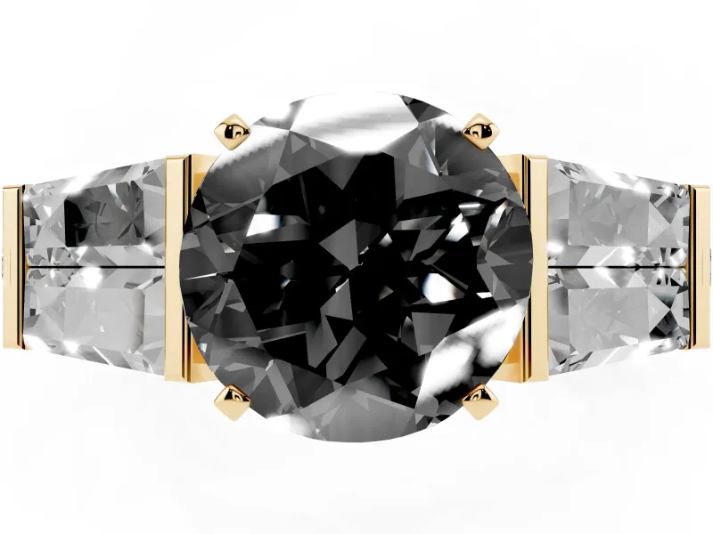 Fancy Black Round Cut Diamond Engagement Ring Set in Yellow gold with Baguette Side Stones and Channel Set Band