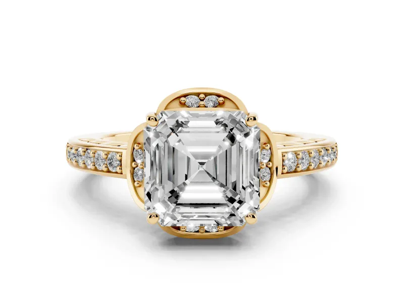 Asscher Cut Diamond Halo Ring Set in Yellow gold with Channel Set Band and Prong Setting