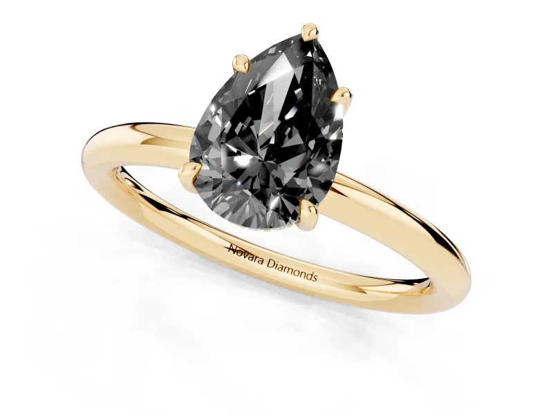 Fancy Black Pear Cut Diamond Solitaire Ring Set in Yellow gold with Thin Band and Prong Setting