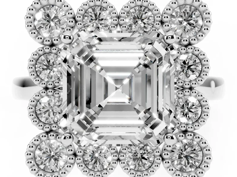Asscher Cut Milgrain Cluster Halo Engagement Ring Setting | Plain Band | Sterling Silver