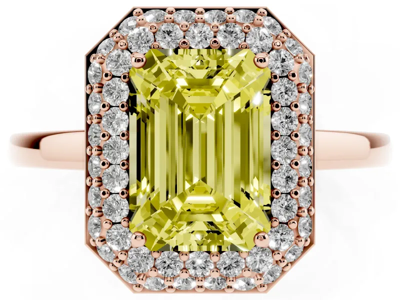 Emerald Cut Pave Halo Engagement Ring Setting for a Fancy Yellow Lab-Grown Diamond | Slim Plain Band | Rose Gold