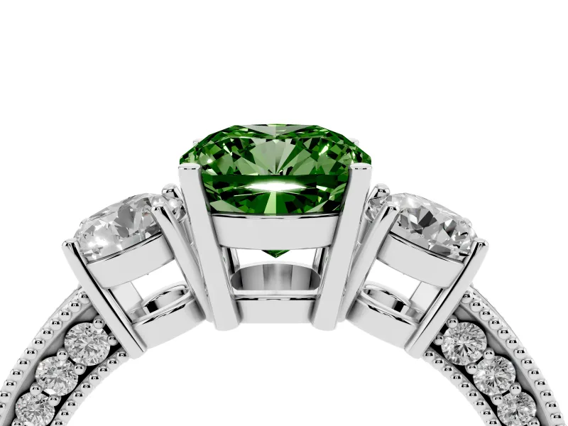 Fancy Green Cushion Cut Diamond Three-Stone Ring Set in White gold with Round Side Stones and Pavé Band