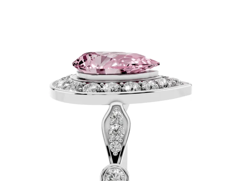 Fancy Pink Pear Cut Diamond Halo Engagement Ring Set in Platinum with Twisted Band and Prong Setting