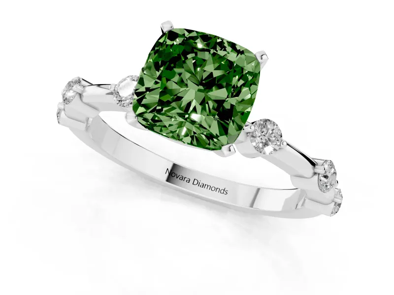 Fancy Green Cushion Cut Diamond Solitaire Ring Set in White gold with Bezel Set Side Stones and Prong Setting